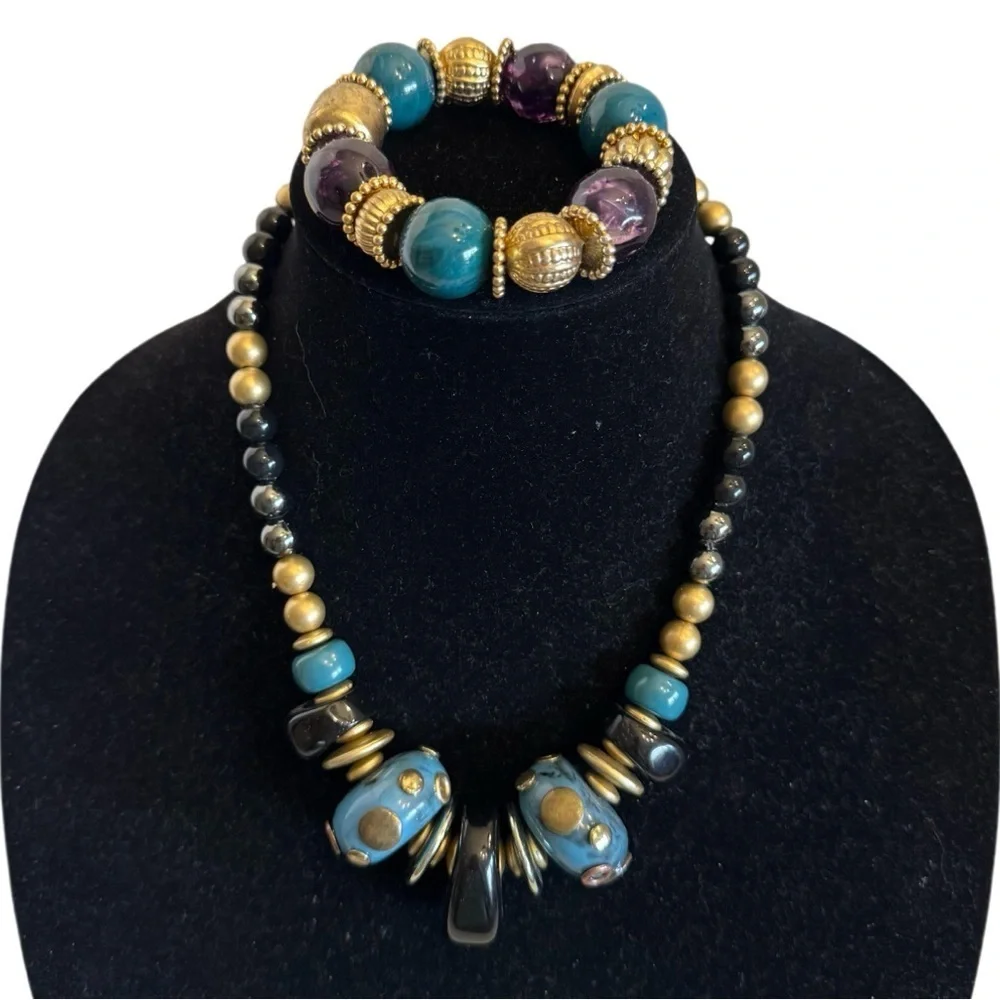 VTG Necklace Bracelet SET Artsy Turquoise Amethyst Antique Gold Chunky Jewelry